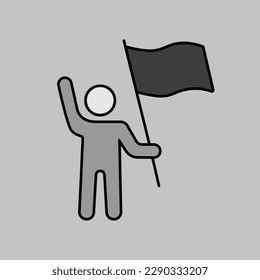 Man standing and holding in hands flag, banner vector isolated icon. Demonstration, protest, strike, revolution. Graph symbol for web site design, app, UI