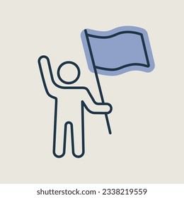 Man standing and holding in hands flag, banner vector isolated icon. Demonstration, protest, strike, revolution. Graph symbol for web site design, app, UI