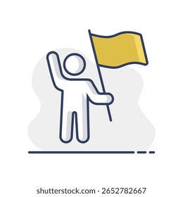 Homem de pé e segurando em mãos bandeira, banner ícone isolado vetor. Manifestação, protesto, greve, revolução. Símbolo de gráfico para design de site, aplicativo, UI