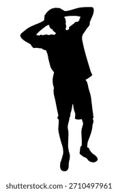 Ein Mann, der die Hände auf dem Kopf hält und Stress, Verzweiflung oder Frustration spürt. Silhouette. Vektorgrafik