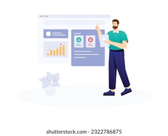 a man is standing holding his gadget and giving a presentation about his business and marketing
flat design, vector illustration