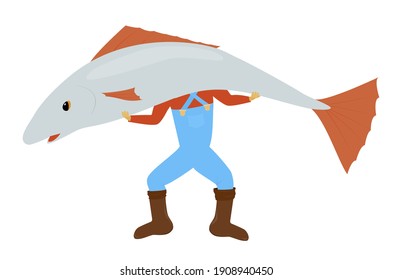 Man standing and holding huge gray fish. Vector cartoon fisher illustration isolated on white background.