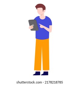 Man standing holding iPads and talking.vector design.