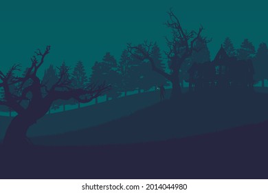 Man standing and holding lantern under a tree in front of haunted hill house in night, Creepy silhouette Halloween background vector.