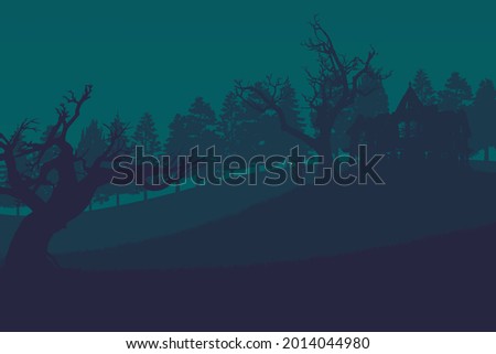 Man standing and holding lantern under a tree in front of haunted hill house in night, Creepy silhouette Halloween background vector.