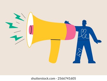 Man standing holding a large megaphone. Communication of  concept. Colorful vector illustration
