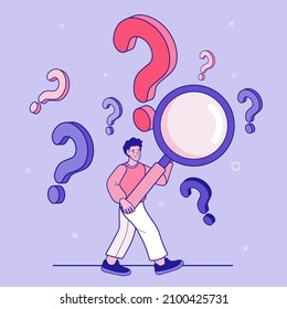 Man standing holding a magnifying glass with question mark. Problem analysis, research, find solution or answers on frequently asked questions. Vector outline illustration in flat style.