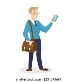 Man standing and holding mobile phone in arm. Internet and network in device. Futuristic gadget. Adult chatting with friends. Isolated vector illustration in cartoon style