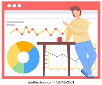A man standing holding paper notes near presentation of business development or investment growth. Analysis report on graph. Vector flat illustration businessman analyzes statistical indicators