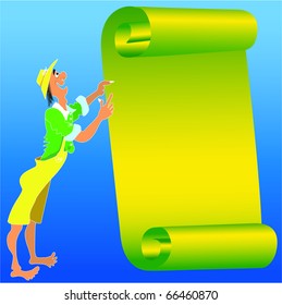 a man standing and holding paper, shows on paper, roll unfolded, twisted edge