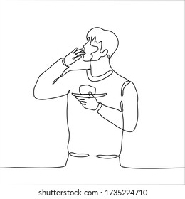 A Man Is Standing, Holding A Plate With A Piece Of Cake, He Licks His Other Hand. One Continuous Line Drawing Of A Guy Licking A Finger Stained In A Cake. Can Be Used For Animation.