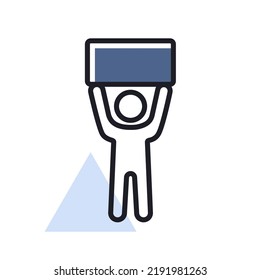 Man standing and holding in raised hands a big sign, banner, card vector isolated icon. Demonstration, manifestation, protest, strike, revolution