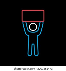 Man standing and holding in raised hands a big sign, banner, card vector isolated on black background icon. Demonstration, manifestation, protest, strike, revolution