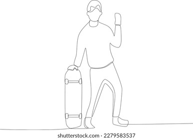 A man standing holding a skateboard. Skateboarding one-line drawing