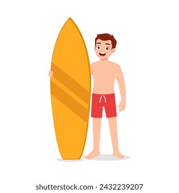 man standing holding surf board and feel happy