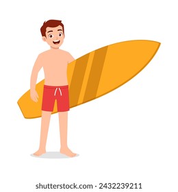 man standing holding surf board and feel happy