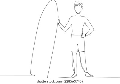 A man standing holding a surfboard. Surfing one-line drawing