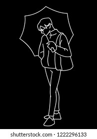 Man standing, holding umbrella in his hand. White lines isolated on black background. Concept. Vector illustration of man in streetwear and glasses in simple line art style. Monochrome minimalism. 