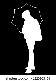 Man standing, holding umbrella in his hand. White silhouette isolated on black background. Concept. Vector illustration of man sheltering from rain and wind. Stencil. Monochrome minimalism. 