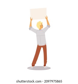 Man standing holding white blank banner. Persuasion to make decisions, convincing and influence on choice, flat vector illustration isolated on white background.
