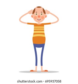Man is standing and holds hands behind head. Illustration in flat style. Isolated. Vector

