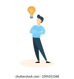 Man standing with idea lightbulb on white background.