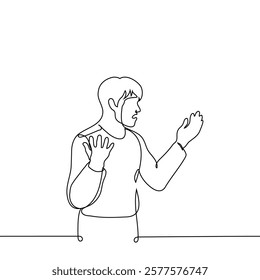 man standing indignant or shocked with mouth open and hands raised - one line art vector. Handmade vector not Ai