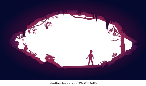 man standing inside a rocky cave. Cave landscape silhouette