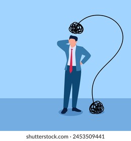 Man standing with intricate lines above his head that fall to the ground forming a question mark, illustration for problem.