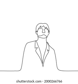 Man Is Standing In A Jacket Looking Down At The Viewer - One Line Drawing Vector. The Concept Of Arrogance, Elitism, Narcissism, Snobbery, Swagger 