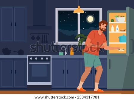 A man is standing in a kitchen at night, illuminated by the open fridge light. He is reaching into the fridge, possibly for food. Through the window, a full moon lights up the sky. Vector