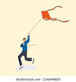 A man standing with kite in the hand.  
A flying kite, vector illustration 