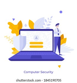 Man standing at laptop with access screen. Concept of computer security, protection of personal digital information, antivirus or firewall program. Modern flat vector illustration for banner, poster.