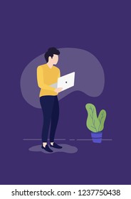 man standing with laptop in the hands vector flat design illustration