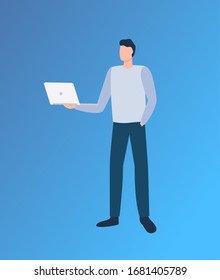 Man standing with laptop, male holding computer, portrait and full length view of person with wireless device, modern equipment, online busy vector