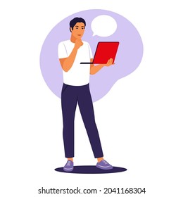 Man standing with laptop. Office worker, remote job concept. Vector illustration. Flat.