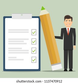 The man is standing with a large pencil against the background of the completed tasks. Flat design, vector illustration, vector.