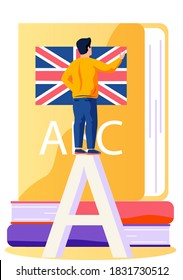 Man standing and learning English language with big textbook. Male student chooses a book back view. Concept of learning languages, translation service. Vector illustration in flat design