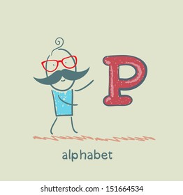 man standing with a letter of the alphabet