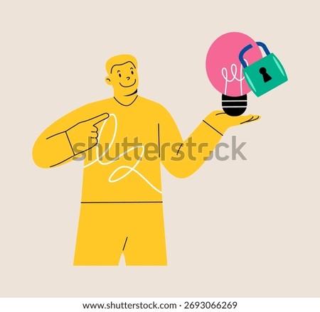 Man standing with light bulb idea locked. Intellectual property concept. Colorful vector illustratio
