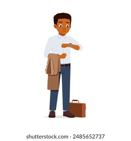 man standing an look at his watch on hand