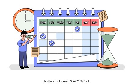 Man standing and looking calendar. businessman is planning his work. news and events, reminder and timetable. Flat vector outline illustration. little people characters make an online work