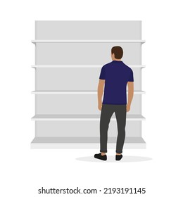 Man standing and looking at an empty grocery shelf on a white background