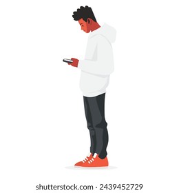 A man standing looking at a full-length phone, flat illustration, user interface illustration, isolated on a white background