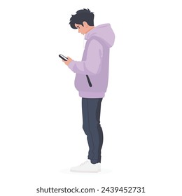 A man standing looking at a full-length phone, flat illustration, user interface illustration, isolated on a white background