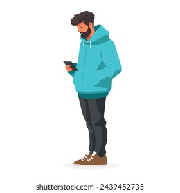 A man standing looking at a full-length phone, flat illustration, user interface illustration, isolated on a white background