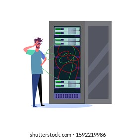 Man standing and looking at internet database server. Surprised network engineer going to fix data server flat vector illustration. Technology concept for banner, website design or landing web page