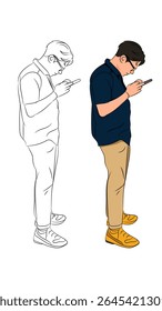 Homem de pé e olhando para o smartphone, mostrado em ambos os estilos de ilustração de arte de linha e colorido. Perfeito para conceitos de tecnologia ou estilo de vida
