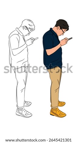 Man standing and looking at smartphone, shown in both line art and colored illustration styles. Perfect for technology or lifestyle concepts