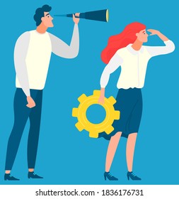 Man standing and looking through magnifying glass. Woman with cogwheel in hands, searching innovations. Business tools for innovations and cooperation. Vector illustration flat style